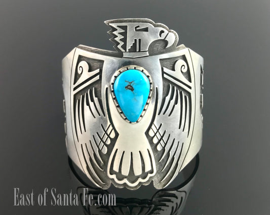 Hopi Overlay Thunderbird or Eagle Sterling Silver & Turquoise Cuff Bracelet Native American - Vintage