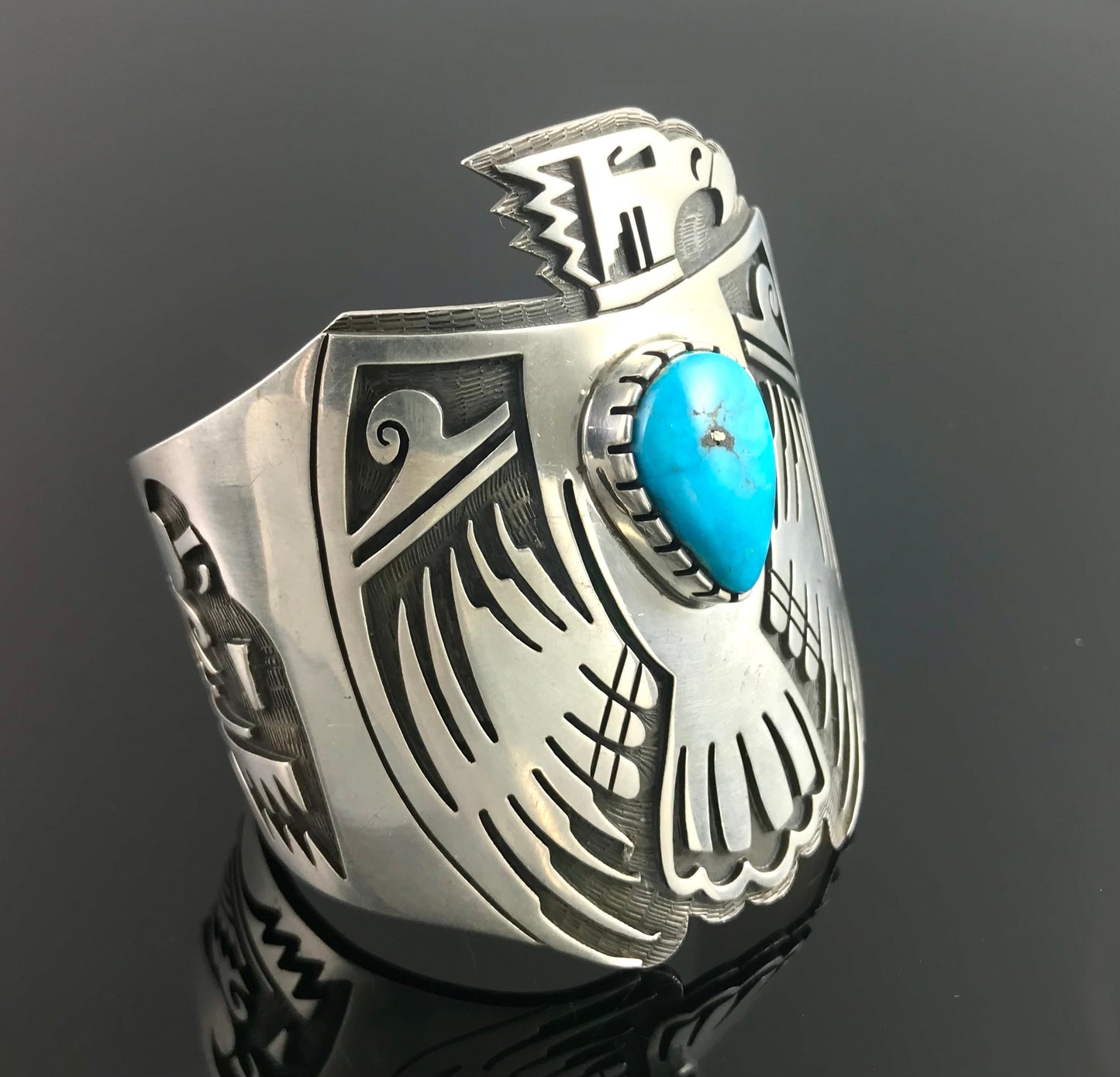 Hopi Overlay Thunderbird or Eagle Sterling Silver & Turquoise Cuff Bracelet Native American - Vintage