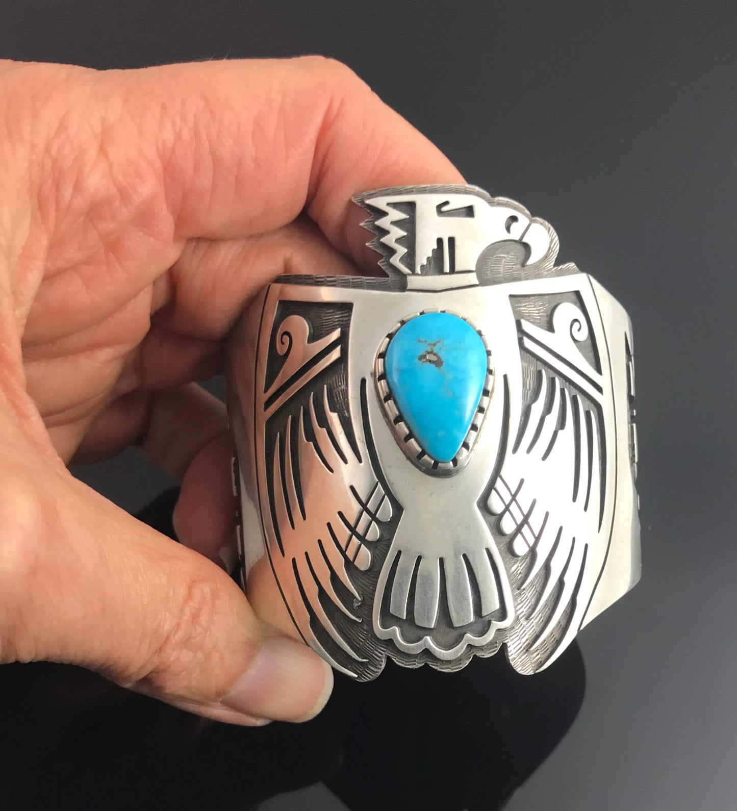 Hopi Overlay Thunderbird or Eagle Sterling Silver & Turquoise Cuff Bracelet Native American - Vintage