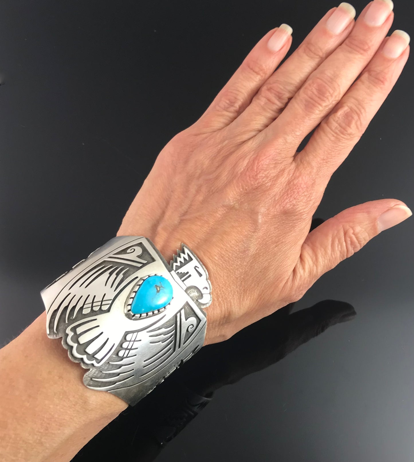 Hopi Overlay Thunderbird or Eagle Sterling Silver & Turquoise Cuff Bracelet Native American - Vintage