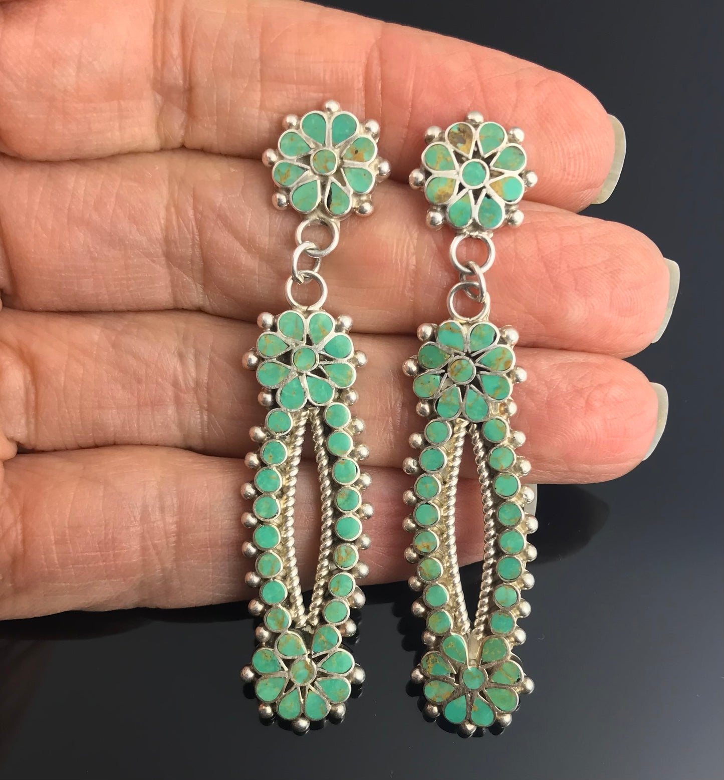 Zuni Dishta Style Turquoise Inlay Earrings Native American - Michelle Peina