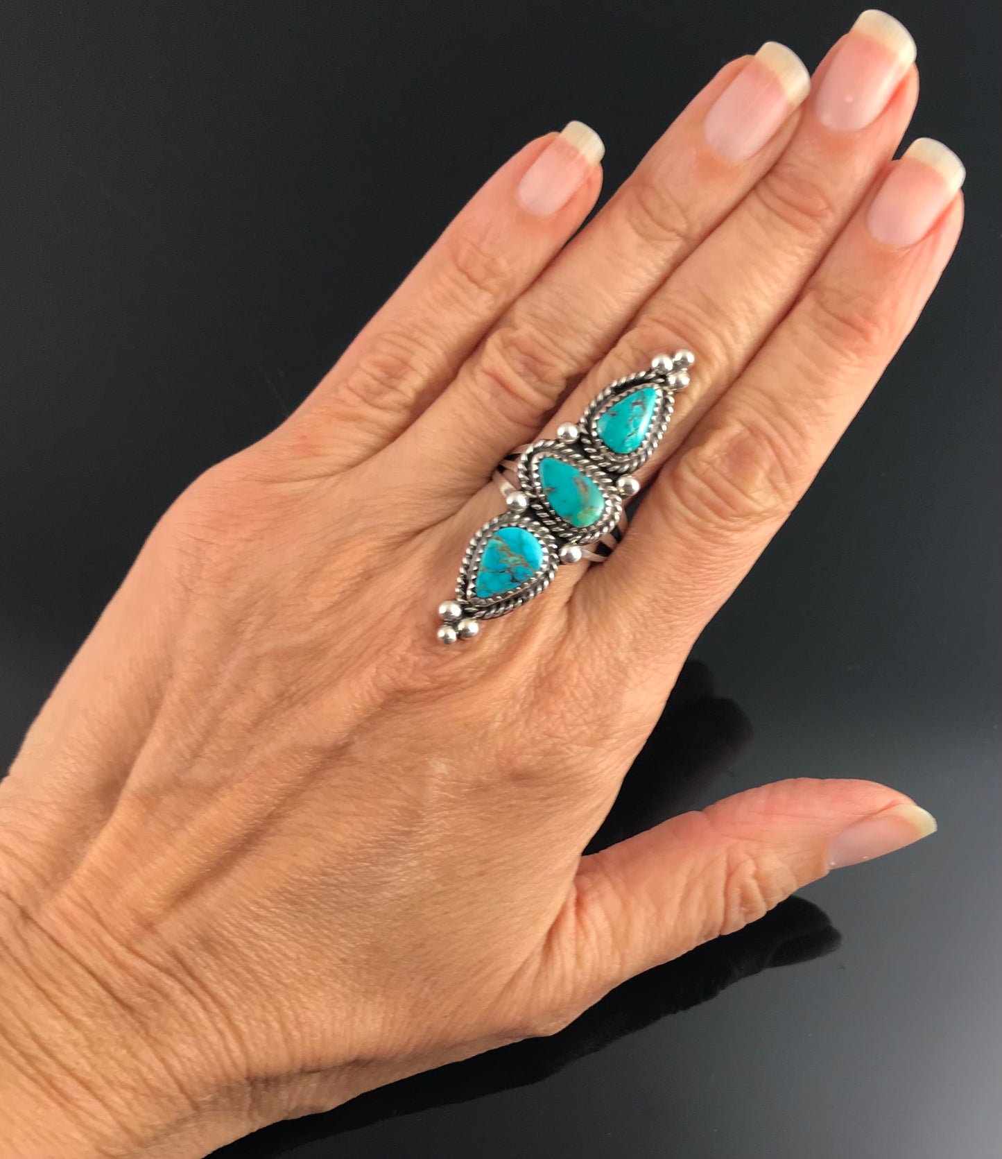 3 Blue Gem Turquoise Native American Apache Navajo Ring Size 9: Rosella Paxson