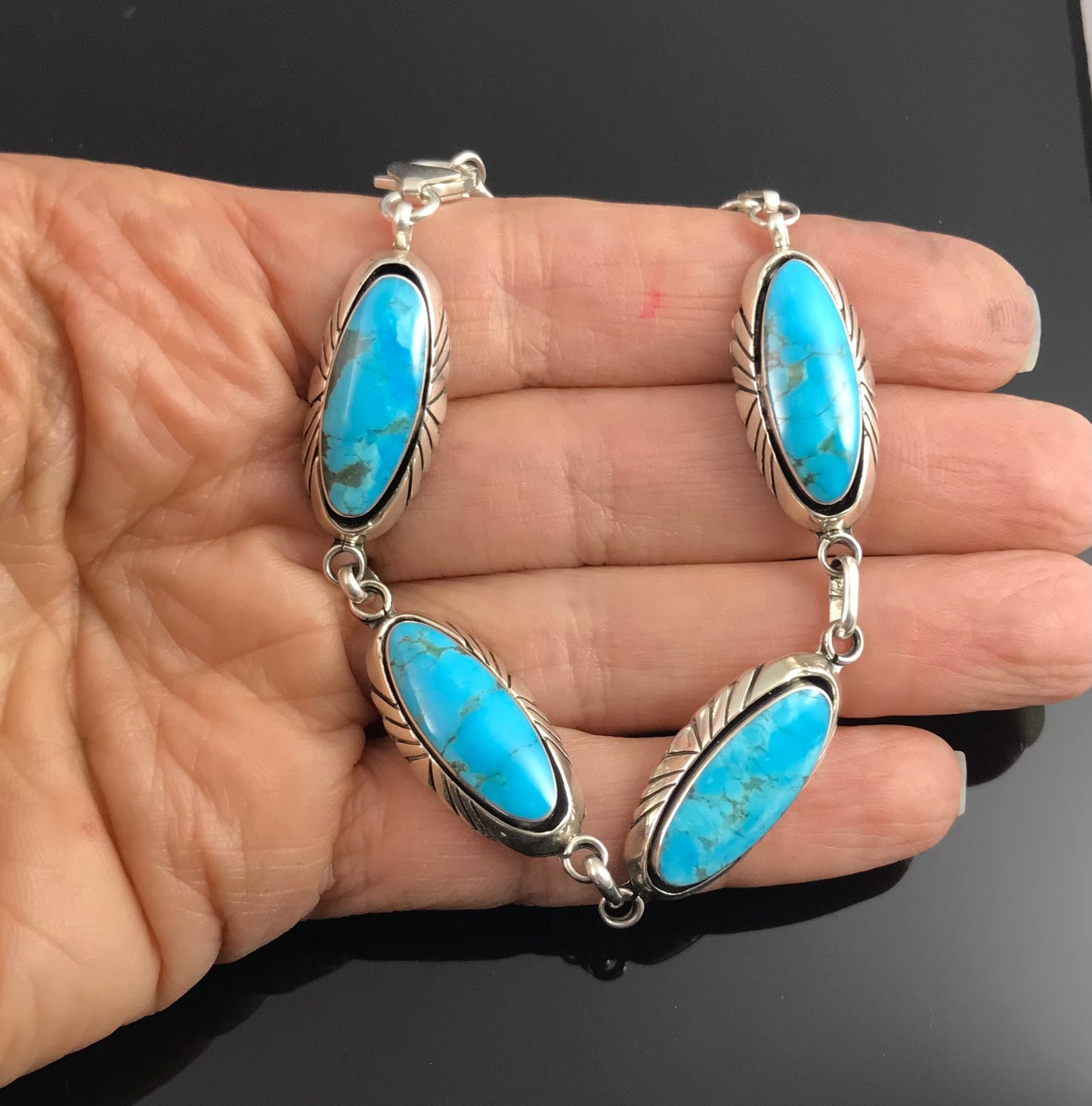 Turquoise Shadow Box Link Bracelet Navajo Native American Sterling Silver - Vintage