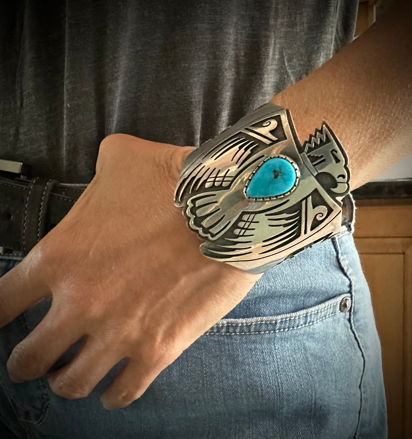 Hopi Overlay Thunderbird or Eagle Sterling Silver & Turquoise Cuff Bracelet Native American - Vintage