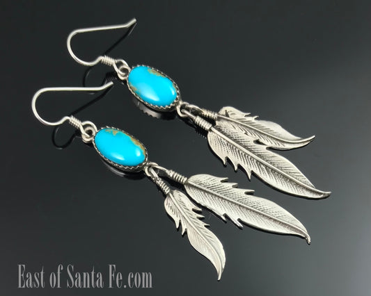 Turquoise & Feathers Navajo Earrings Sterling Silver Native American