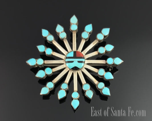 Vintage Zuni Turquoise Petit Point Sun Face Pin Pendant Necklace Native American - Vera Halusewa