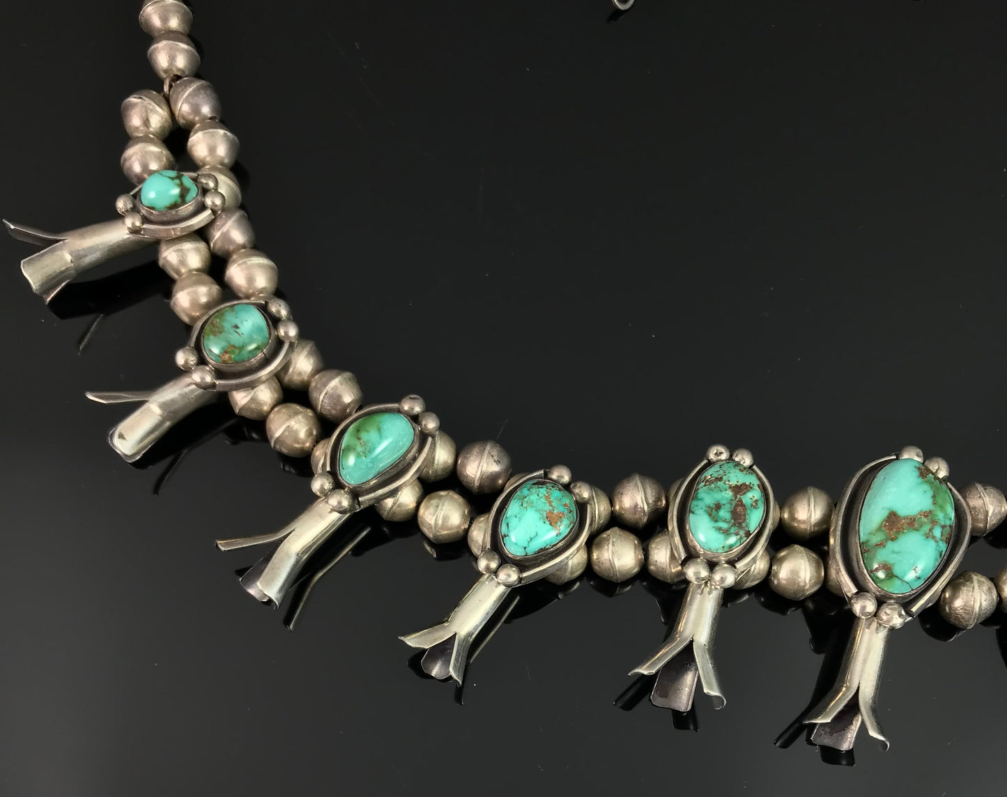 Spectacular Vintage Navajo Turquoise Squash Blossom Necklace Native American Sterling Silver