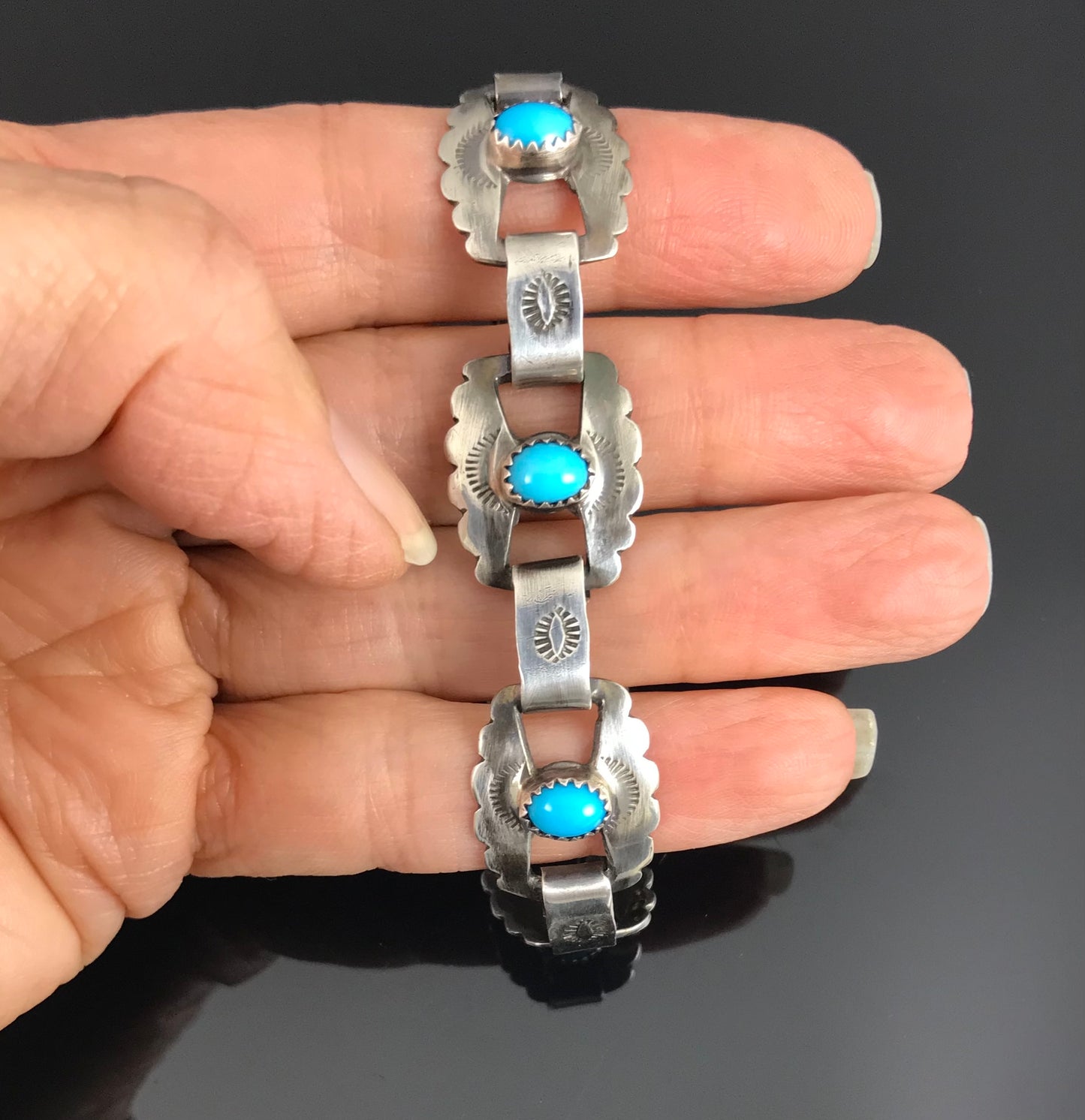 Fred Harvey Era Sterling Turquoise Native American Link Bracelet