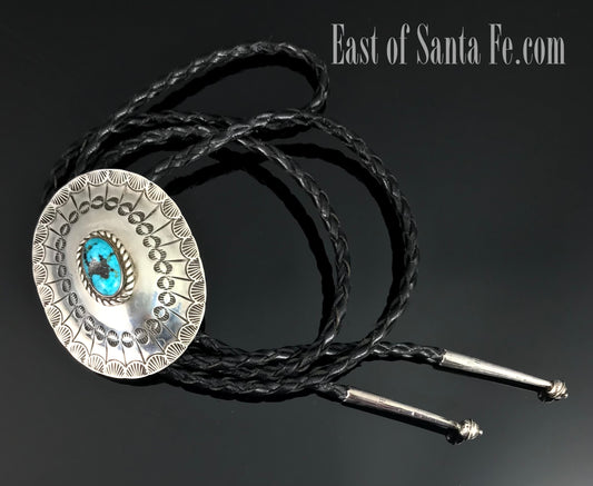 Vintage Stamped Navajo Turquoise & Sterling Bolo Tie Native American - Tommy Joe