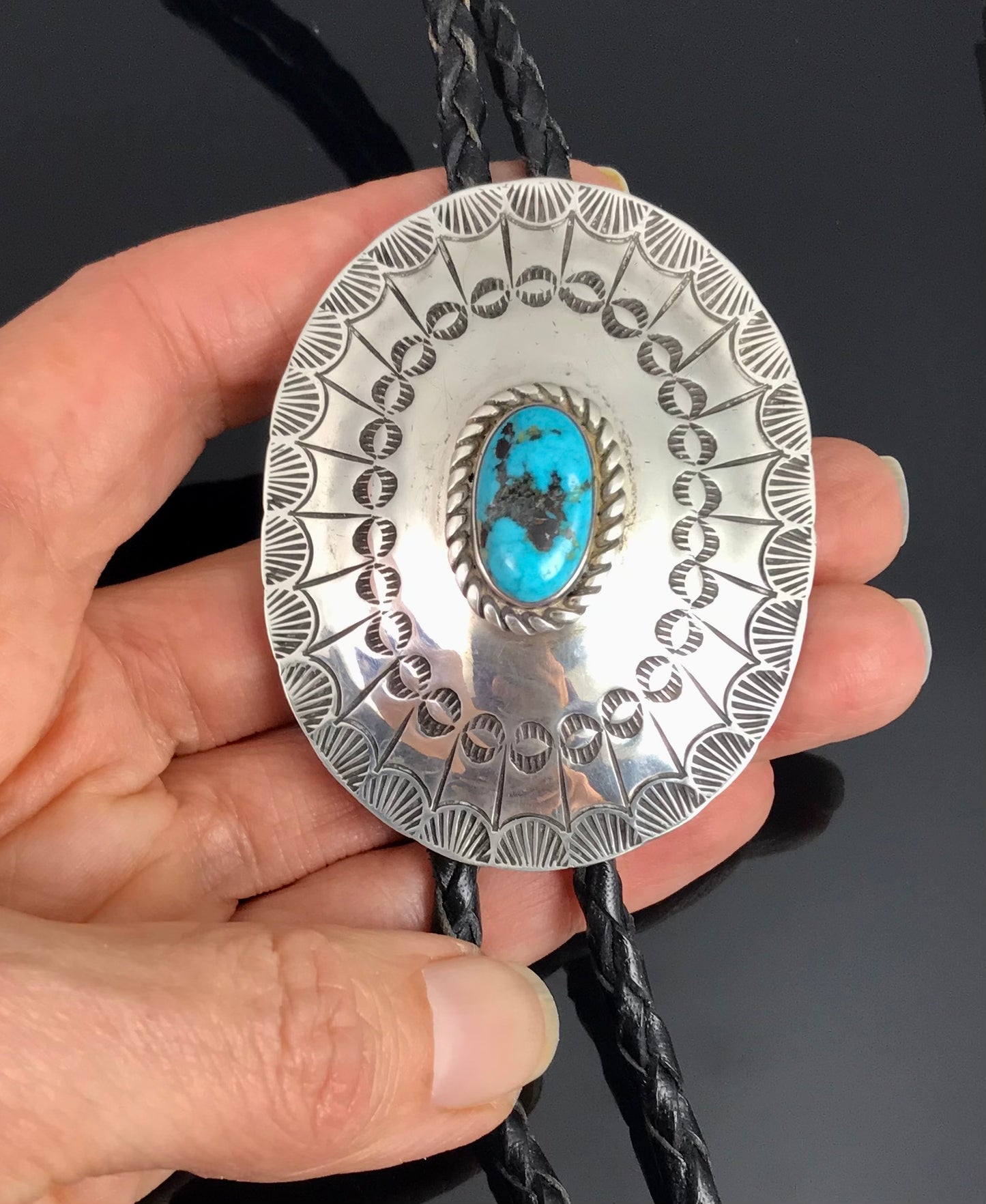 Vintage Stamped Navajo Turquoise & Sterling Bolo Tie Native American - Tommy Joe