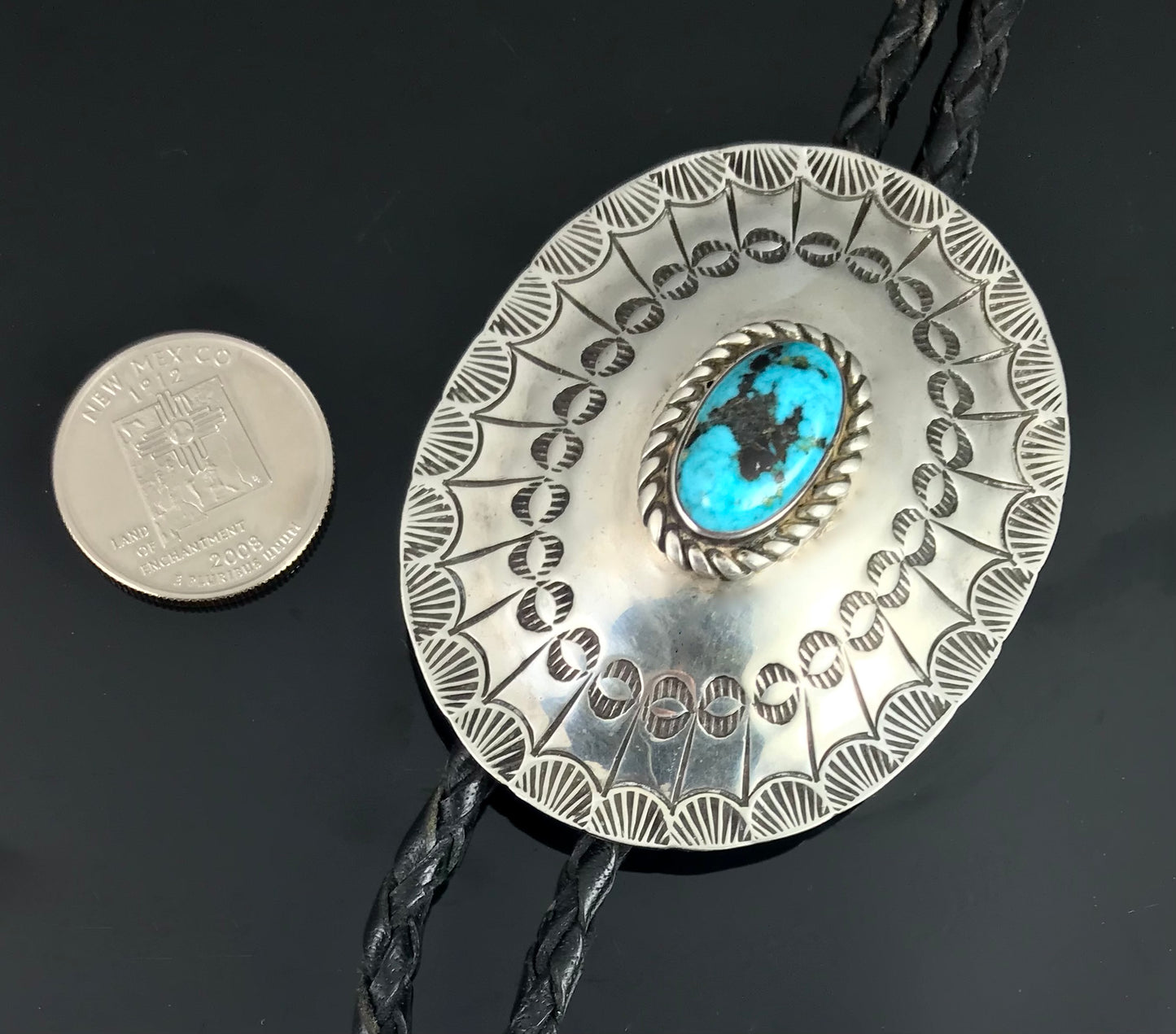 Vintage Stamped Navajo Turquoise & Sterling Bolo Tie Native American - Tommy Joe