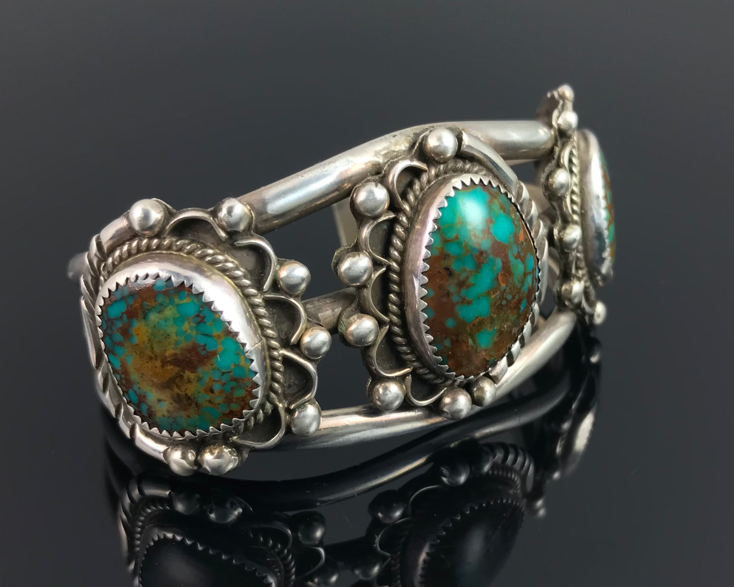 Beautiful 3 Stone Turquoise Navajo Native American Cuff Bracelet Signed - Vintage