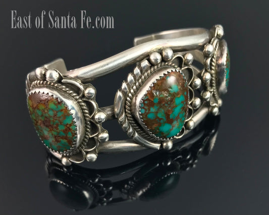 Beautiful 3 Stone Turquoise Navajo Native American Cuff Bracelet Signed - Vintage