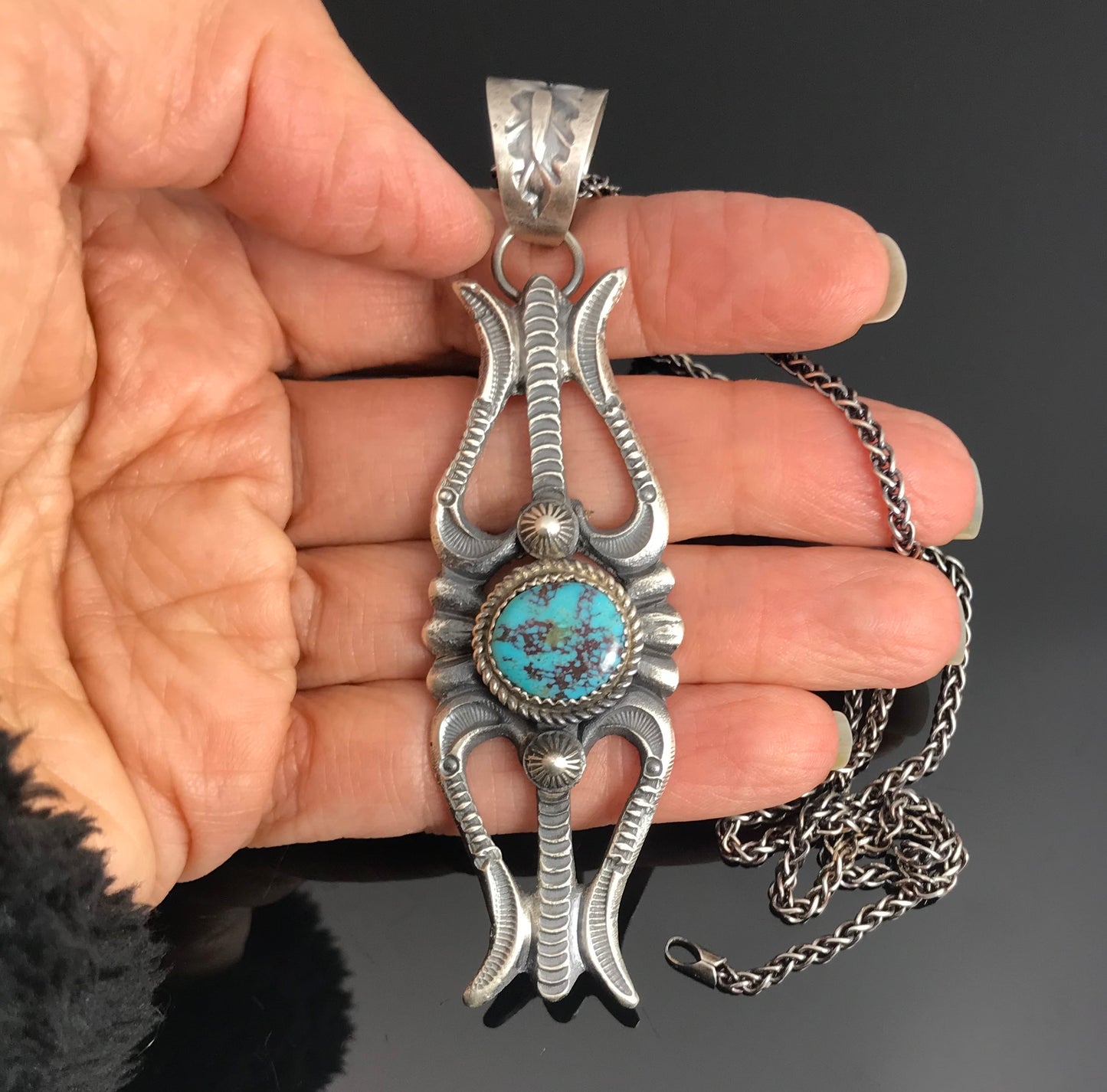 Signed on the back EL Billah (Eva & Lindberg Billah, Navajo) and sterling.  Option to add a nice weight sterling wheat chain, hand finished to match the pendant.