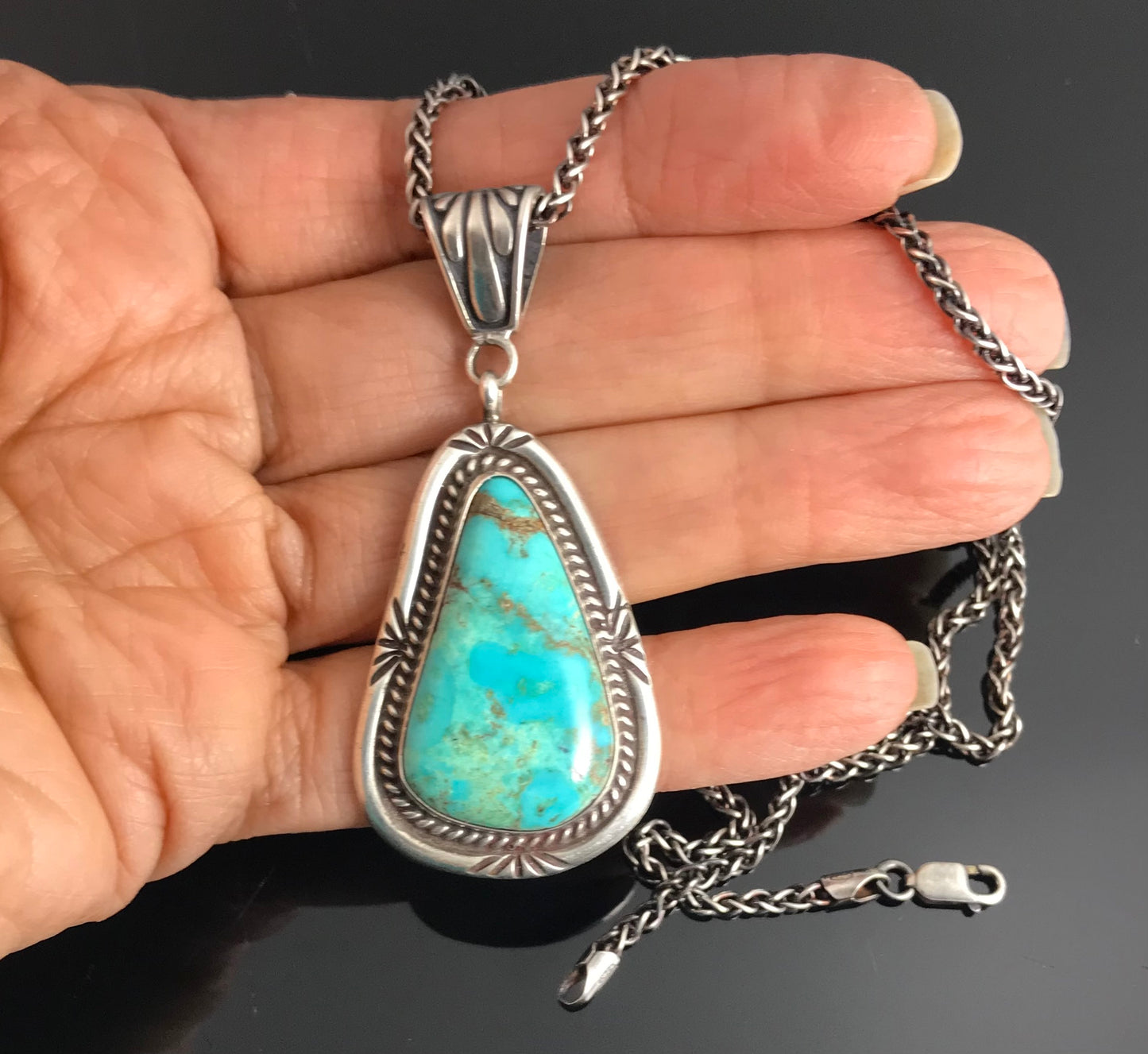 Large Turquoise Navajo Necklace Pendant Native American Sterling Silver - Vintage