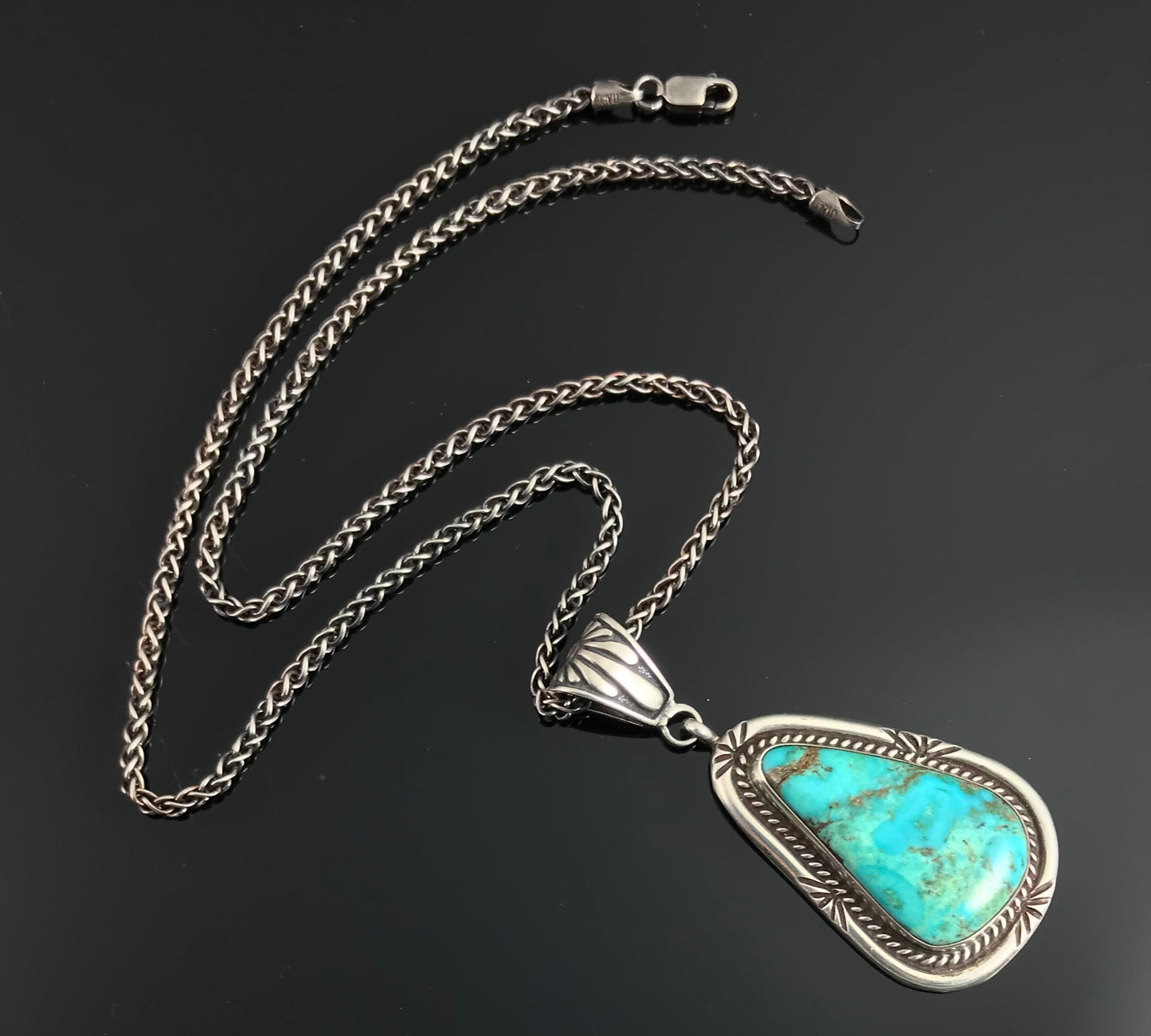 Large Turquoise Navajo Necklace Pendant Native American Sterling Silver - Vintage