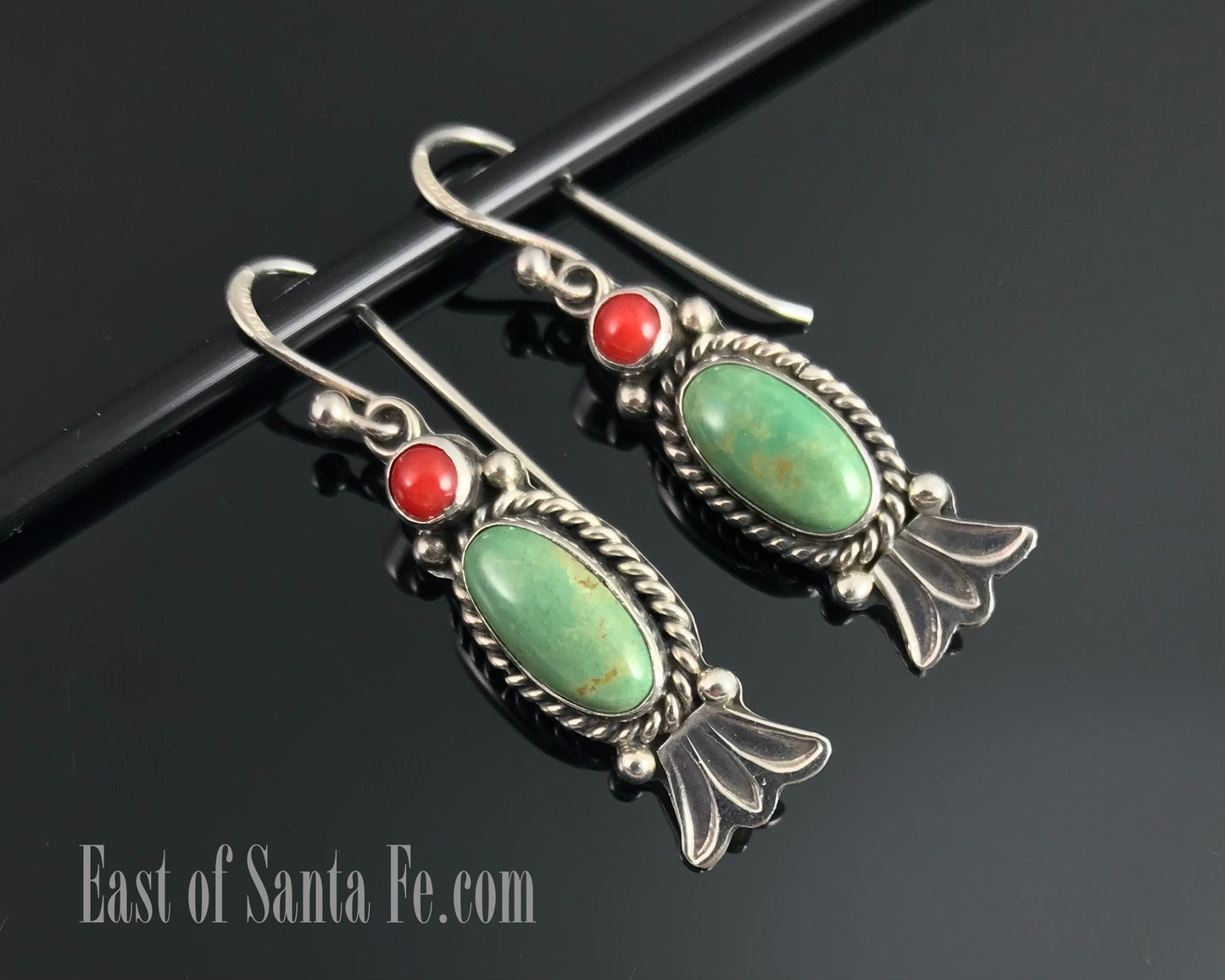 Green Turquoise and Red Coral Earrings Navajo Native American Sterling Silver