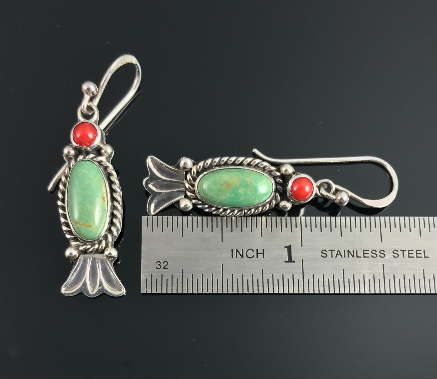 Green Turquoise and Red Coral Earrings Navajo Native American Sterling Silver