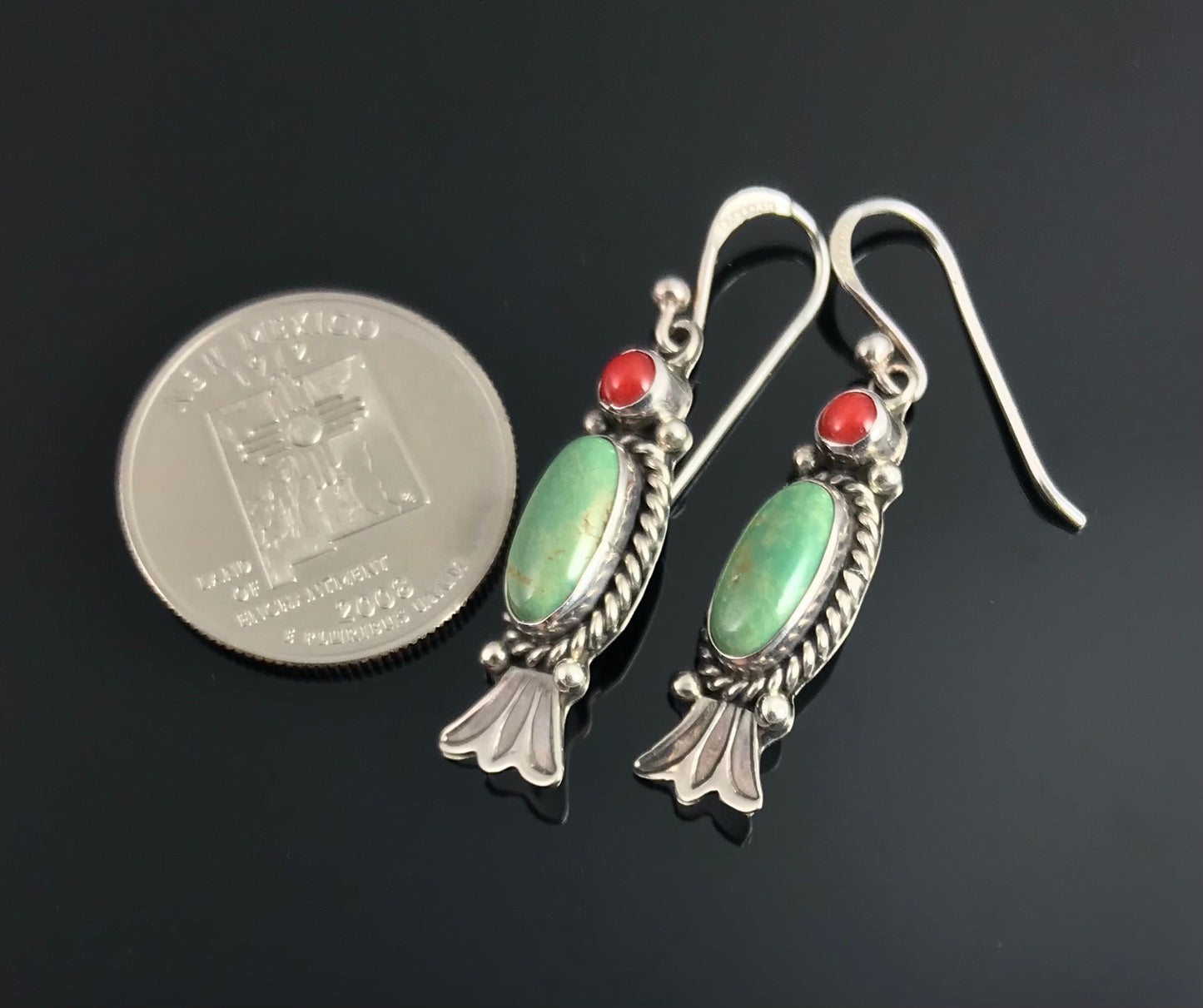 Green Turquoise and Red Coral Earrings Navajo Native American Sterling Silver