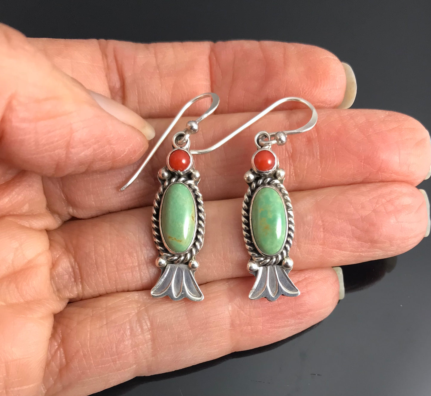 Green Turquoise and Red Coral Earrings Navajo Native American Sterling Silver