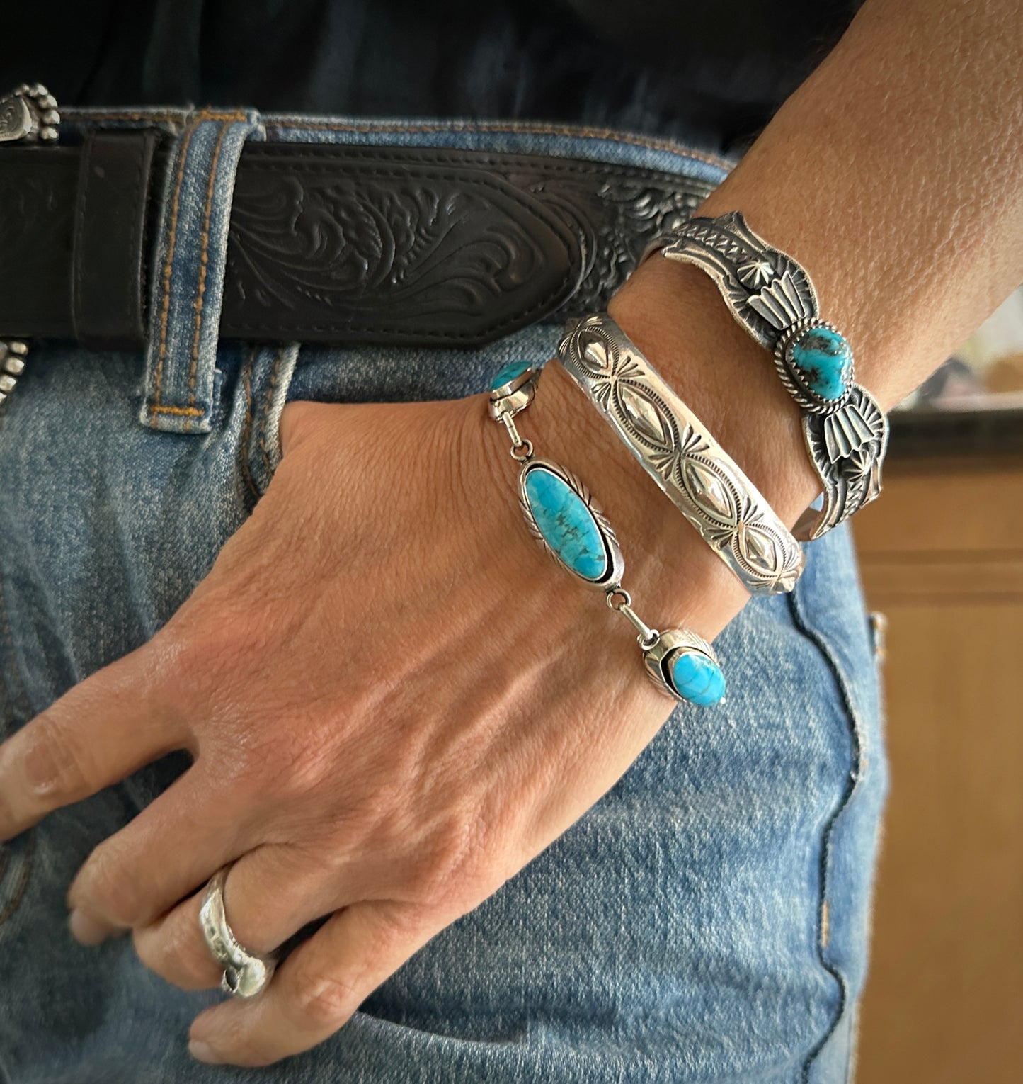 Turquoise Shadow Box Link Bracelet Navajo Native American Sterling Silver - Vintage