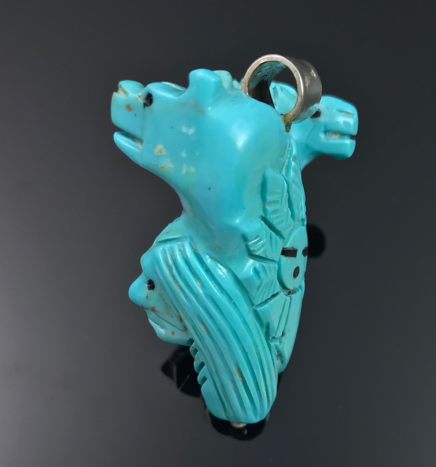 Carved Turquoise Native American, Bear, Ram, and Sunface Fetish Pendant - Vintage