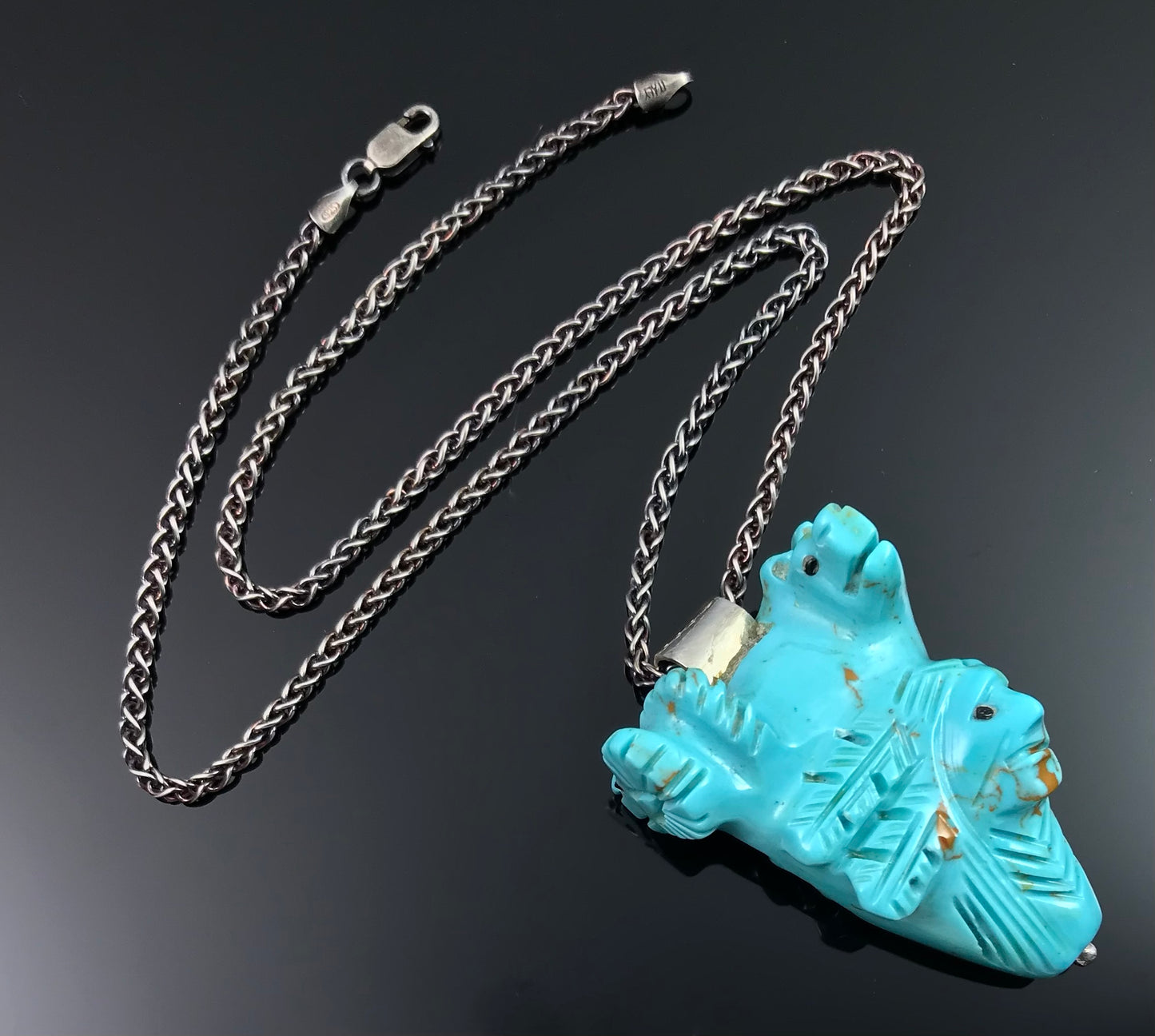 Carved Turquoise Native American, Bear, Ram, and Sunface Fetish Pendant - Vintage