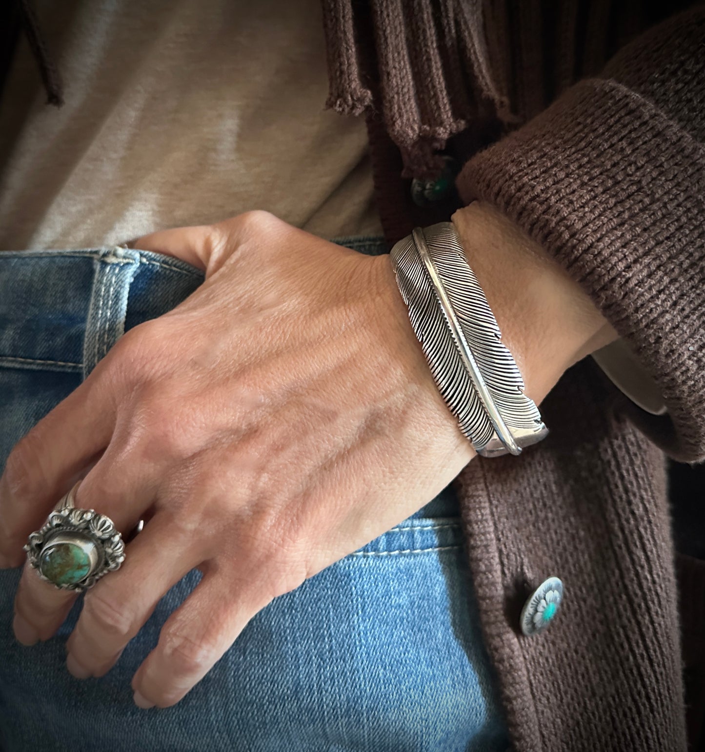 Navajo Sterling Silver Feather Native American Bracelet & Earrings - Harvey Mace