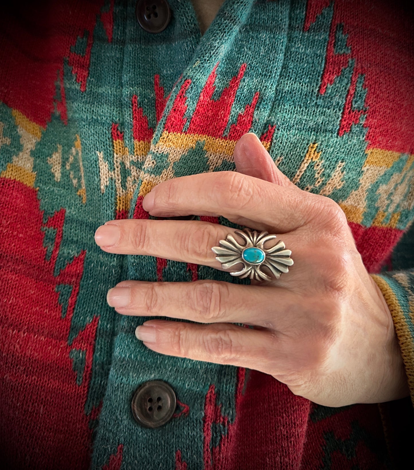 Turquoise Sand Cast Ring Native American Navajo Size 8 - Victor Peña (Copy)