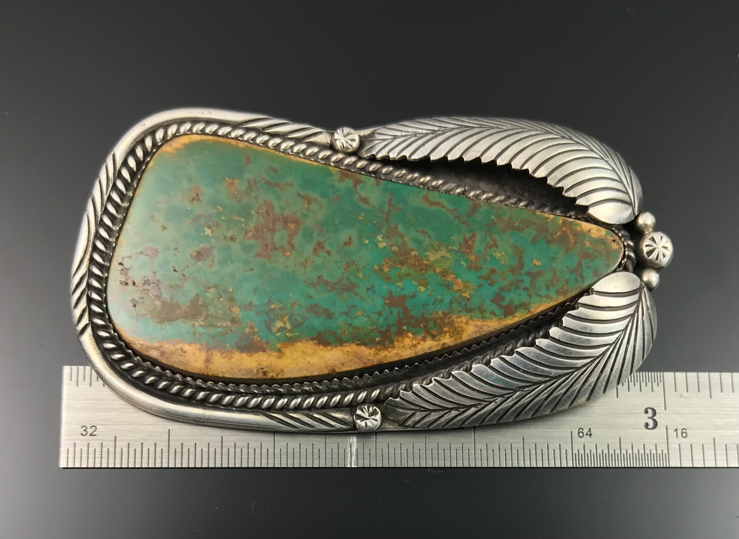 Vintage Large Green Turquoise Pin / Pendant Native American Signed - JM
