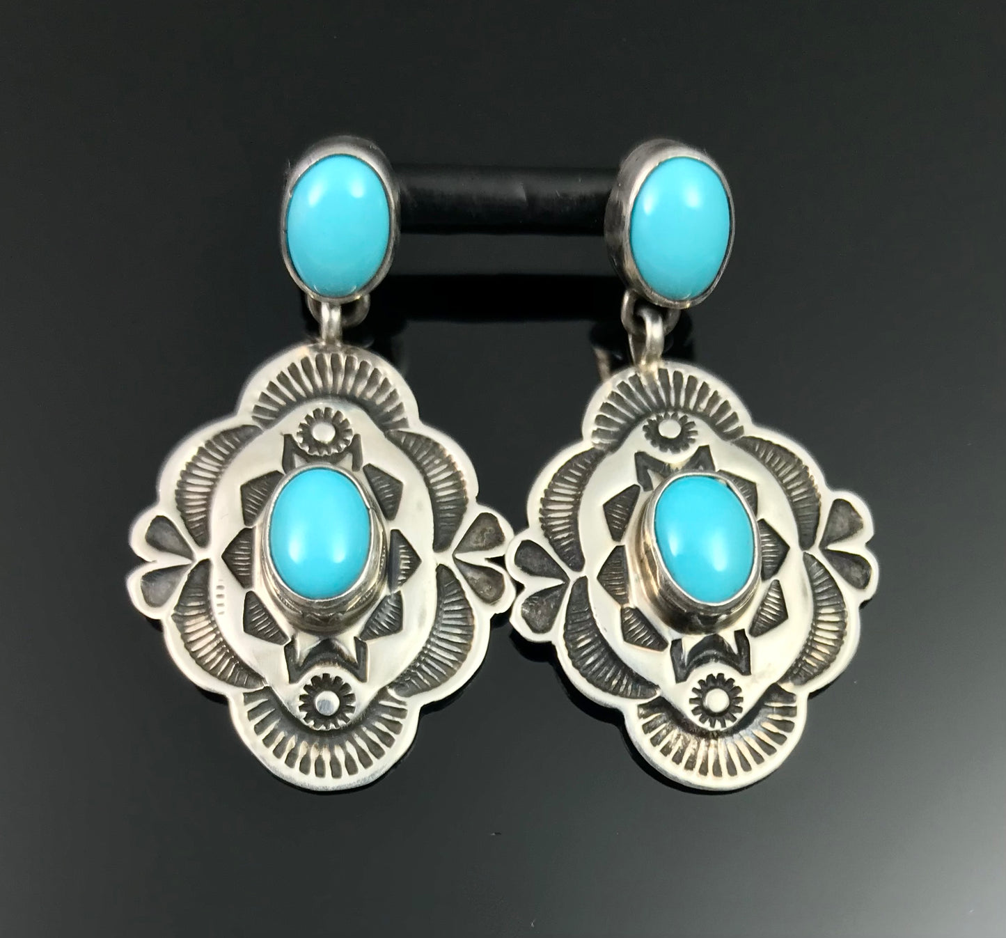 Navajo Turquoise Stamped Concho Earrings Native American - Happy Piasso