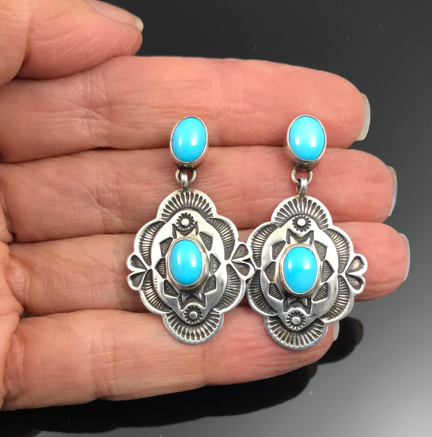 Navajo Turquoise Stamped Concho Earrings Native American - Happy Piasso