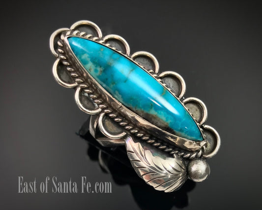 Vintage Long Turquoise Navajo Native American Sterling Silver Ring Size 8 Signed - LD