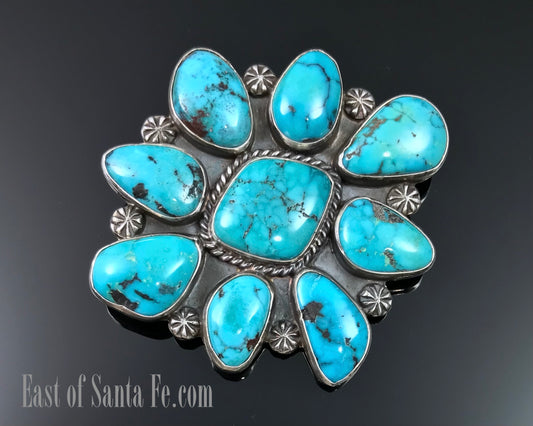 Large Kingman Turquoise Cluster Pin Pendant Necklace Native American Navajo Sterling Silver Signed - Arnold Goodluck