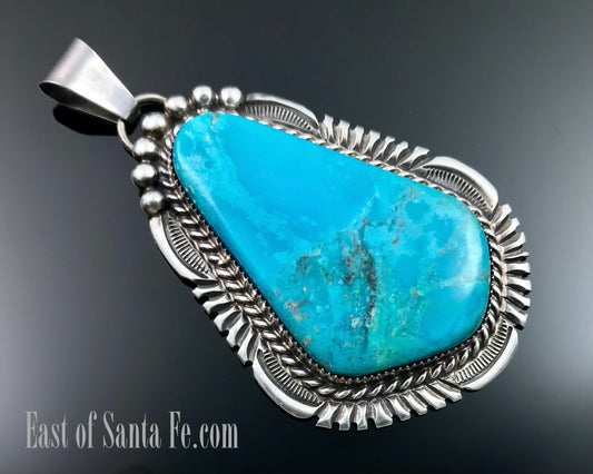 Large Turquoise Navajo Necklace Pendant Native American Sterling Silver - Alvin Joe