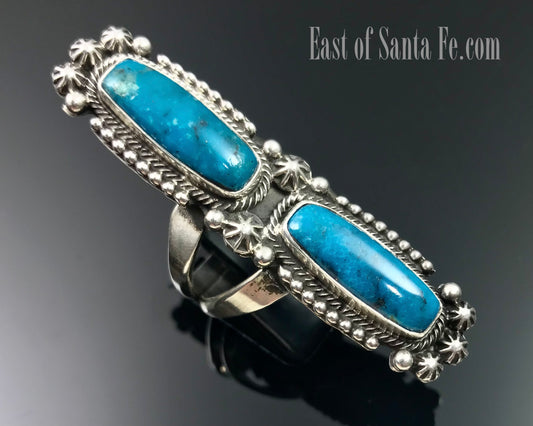 Double Blue Turquoise Navajo Native American Sterling Silver Ring Size 10 Signed - RB