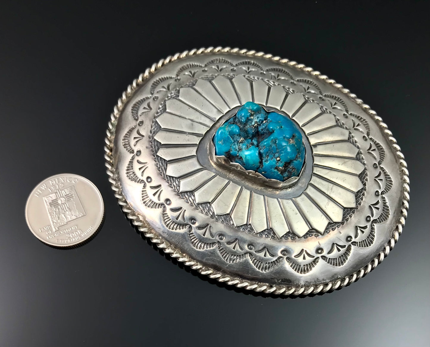 Huge Concho Belt Buckle Sterling Turquoise Native American Navajo Signed - Tommy Long