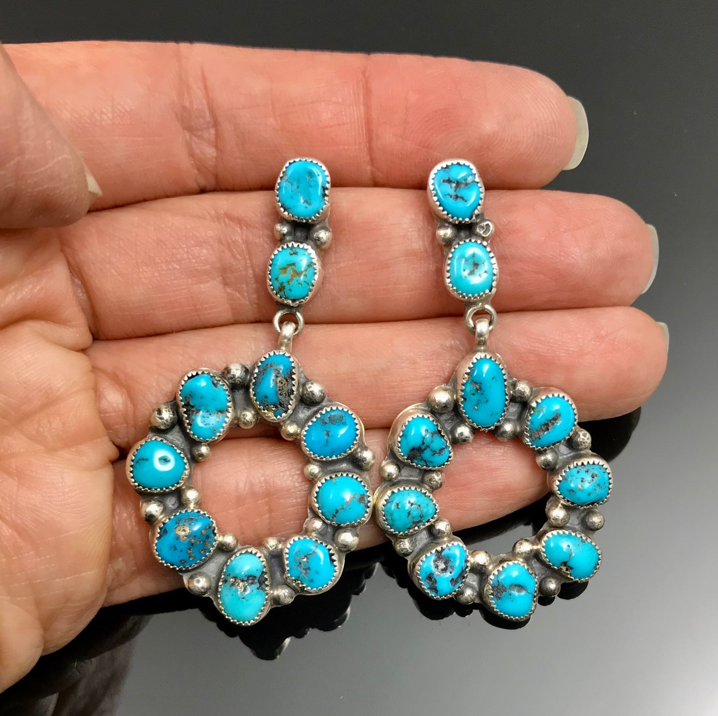 Sleeping Beauty Turquoise Cluster Dangle Earrings Native American Navajo Sterling Silver - Martha Silversmith