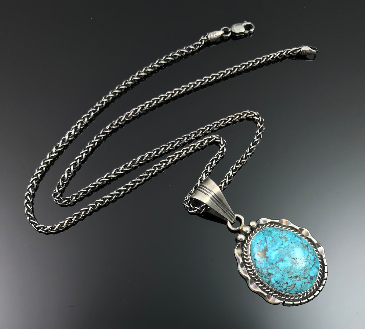 Blue Turquoise Navajo Native American Pendant Necklace Sterling Silver Signed - Samuel Yellowhair