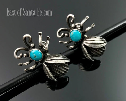 Fred Harvey Era Bug Screw Back Earrings Native American Navajo Turquoise - Vintage