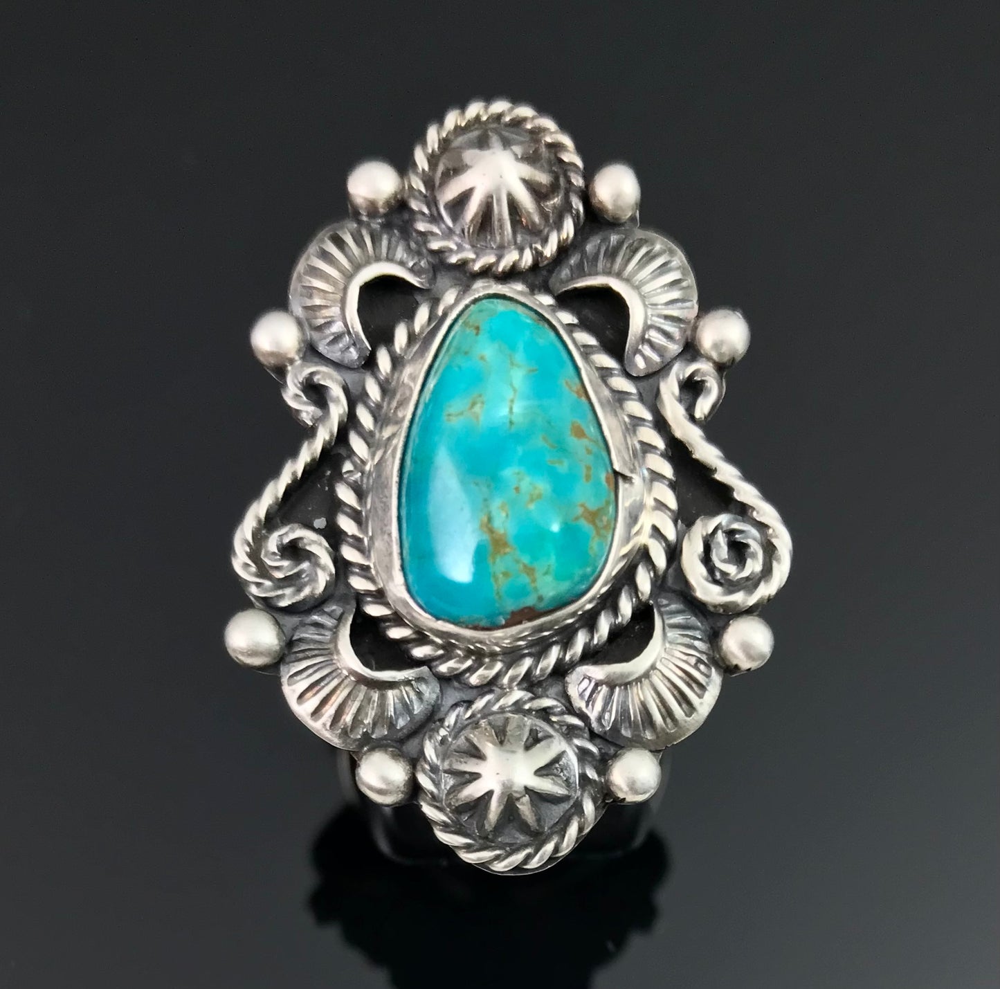 Pilot Mountain Turquoise Navajo Native American Silver Ring Size Signed - Larry Kaye