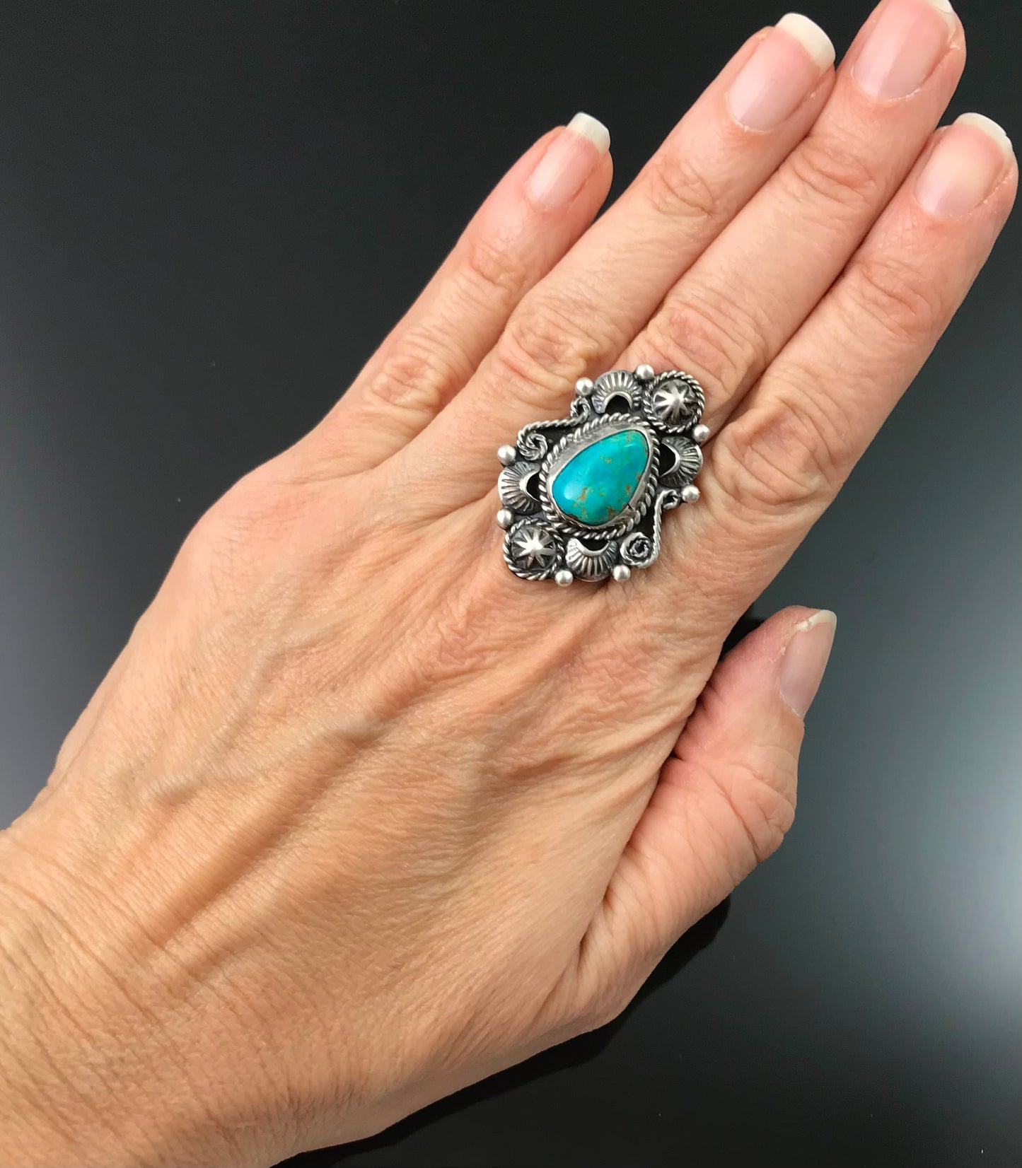 Pilot Mountain Turquoise Navajo Native American Silver Ring Size Signed - Larry Kaye