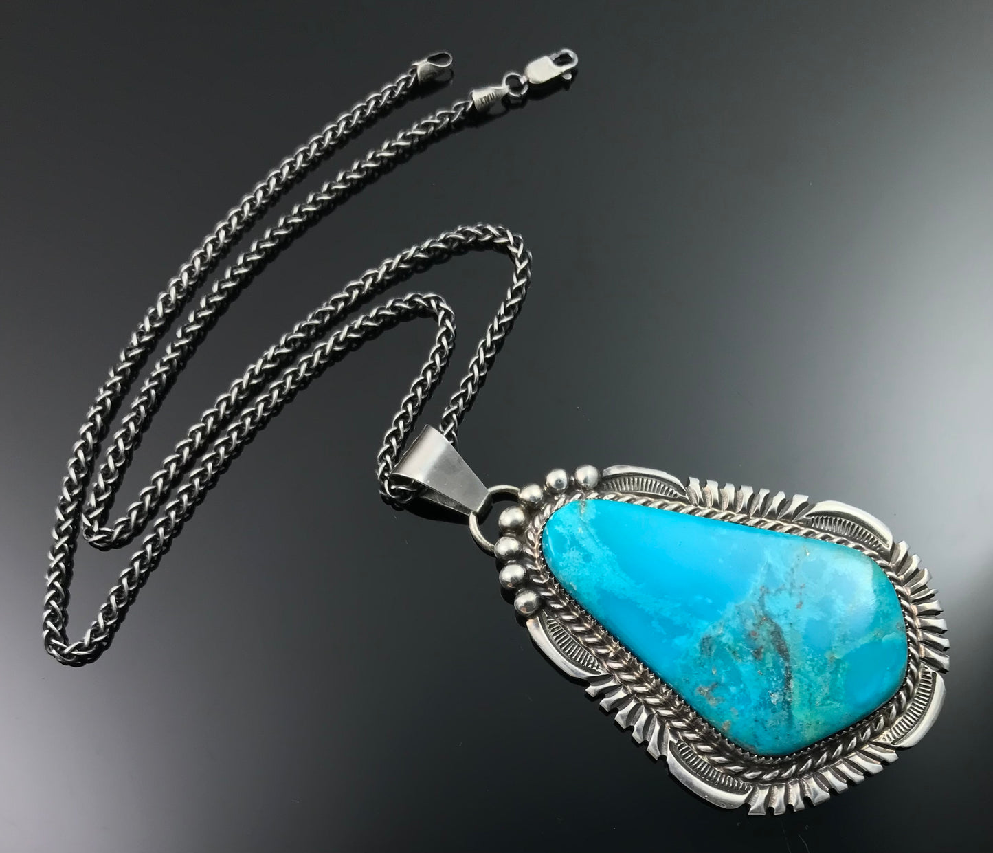 Large Turquoise Navajo Necklace Pendant Native American Sterling Silver - Alvin Joe