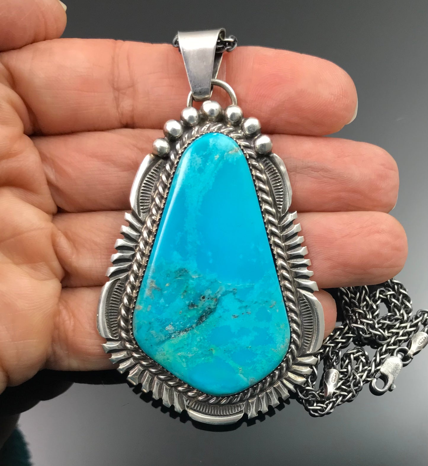 Large Turquoise Navajo Necklace Pendant Native American Sterling Silver - Alvin Joe