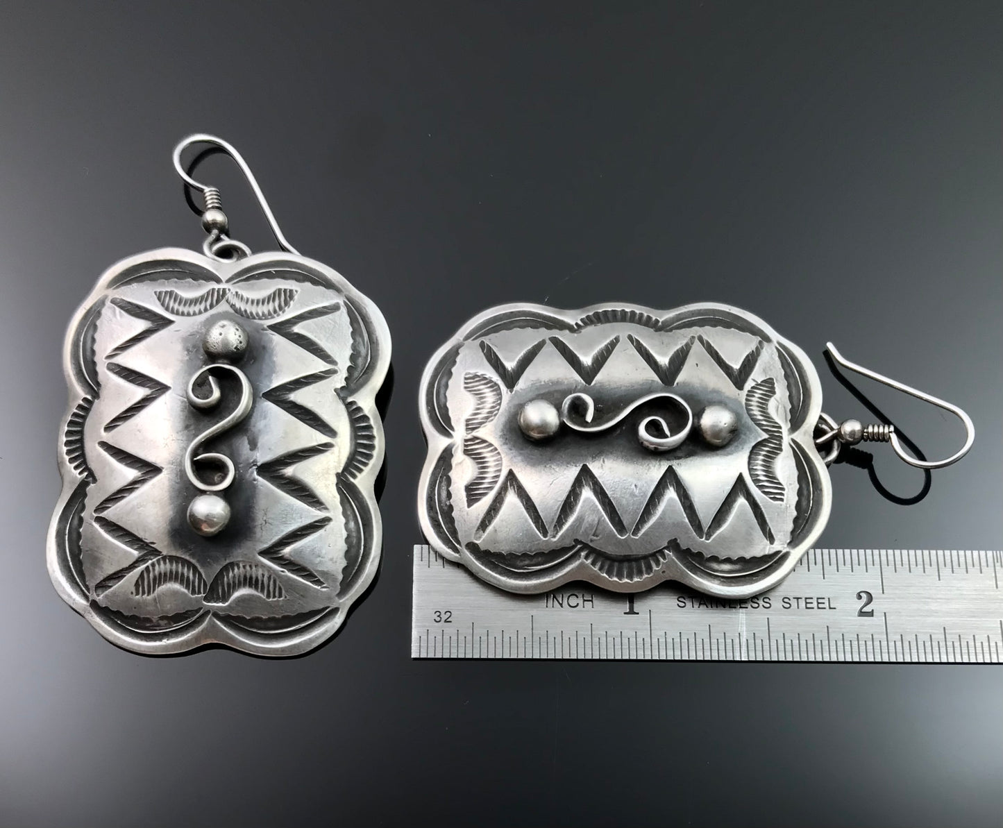 Stamped Concho Earrings Navajo Native American Sterling Silver Signed - Chimney Butte