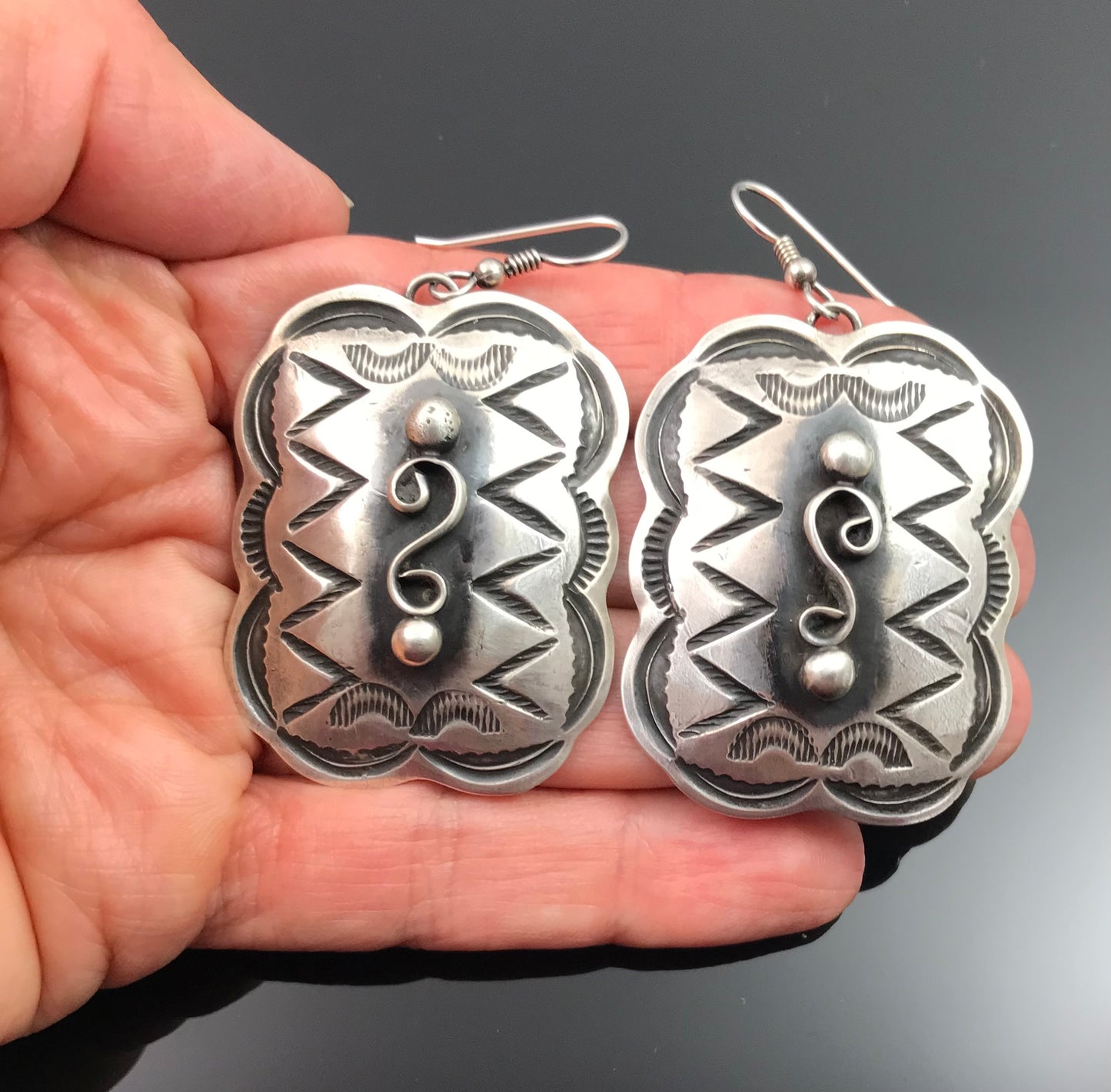Stamped Concho Earrings Navajo Native American Sterling Silver Signed - Chimney Butte