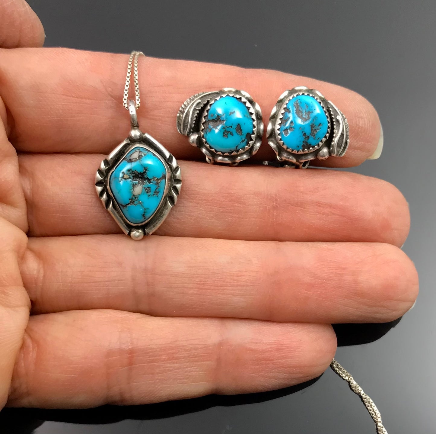 Vintage Turquoise Navajo Necklace & Clip-back Earrings Set Native American