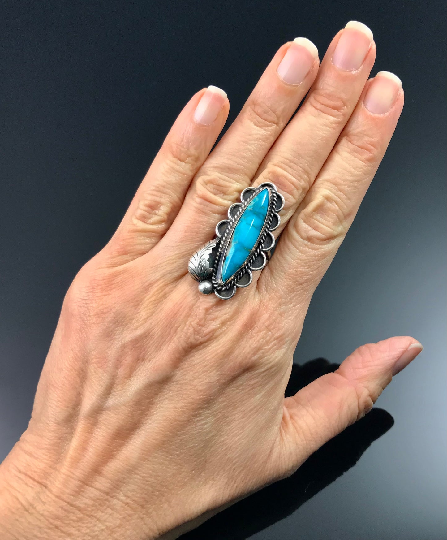 Vintage Long Turquoise Navajo Native American Sterling Silver Ring Size 8 Signed - LD