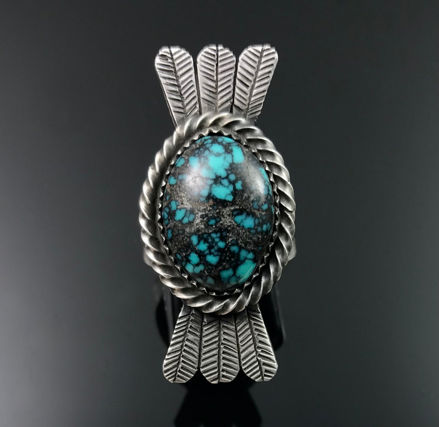 Turquoise & Feathers Native American Navajo Sterling Silver Ring Size 7 3/4 Signed: Melvin Francis
