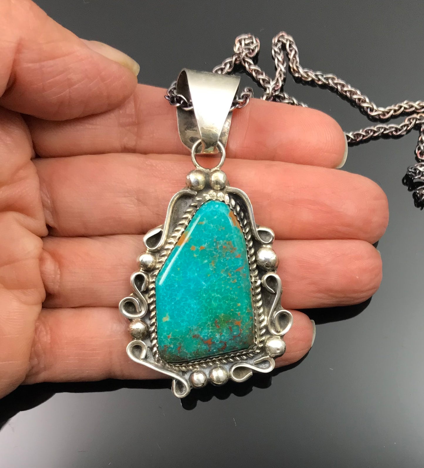 Bird's Eye Turquoise Native American Navajo Sterling Silver Necklace Pendant - KN